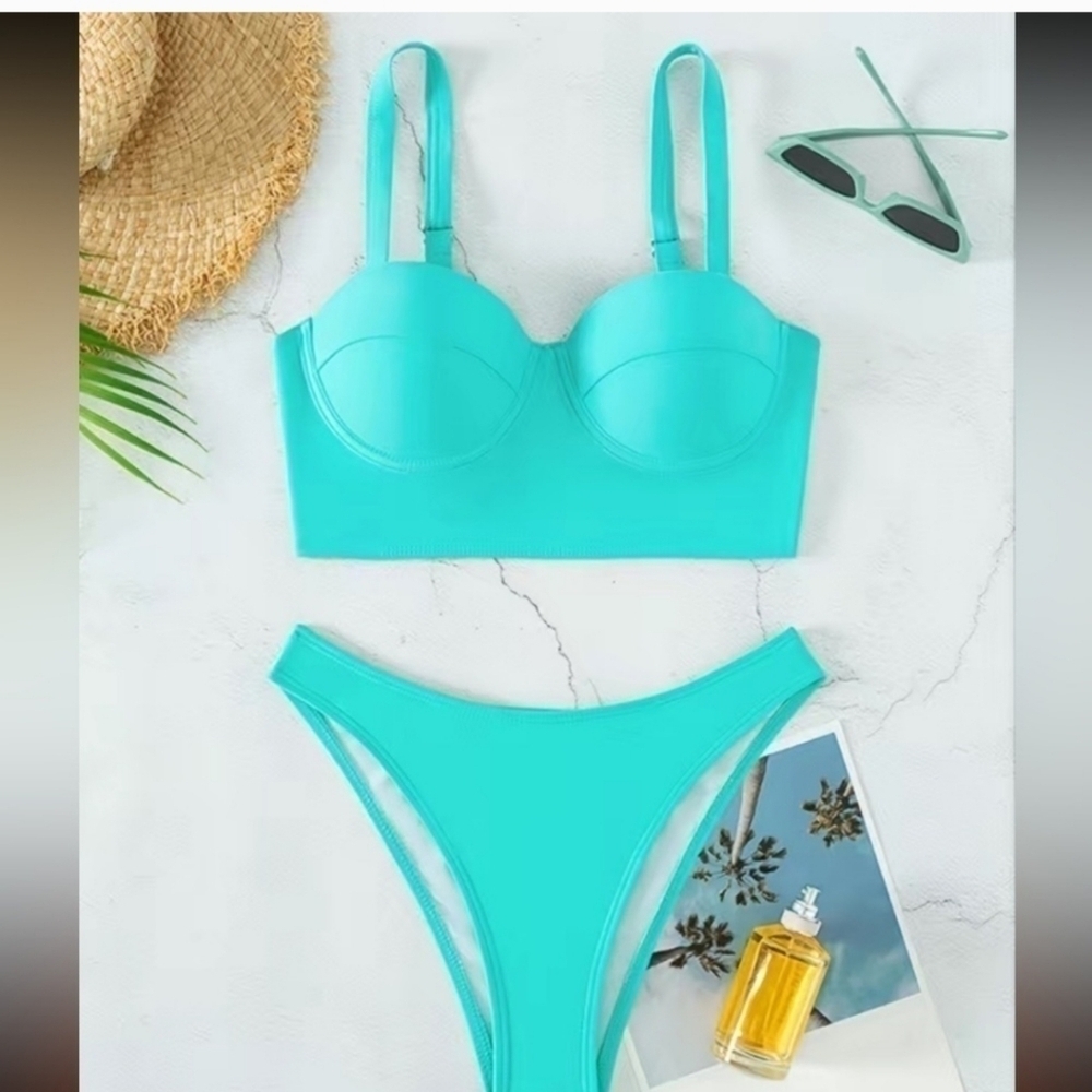 Sky Blue Bikini Two Piece Push Up Underwire High Cut Medium